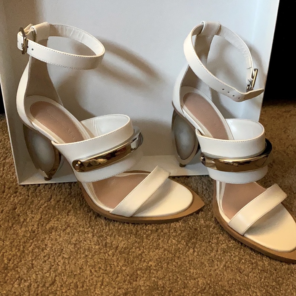 White Ankle-Strap Heeled Sandals with Gold Accent